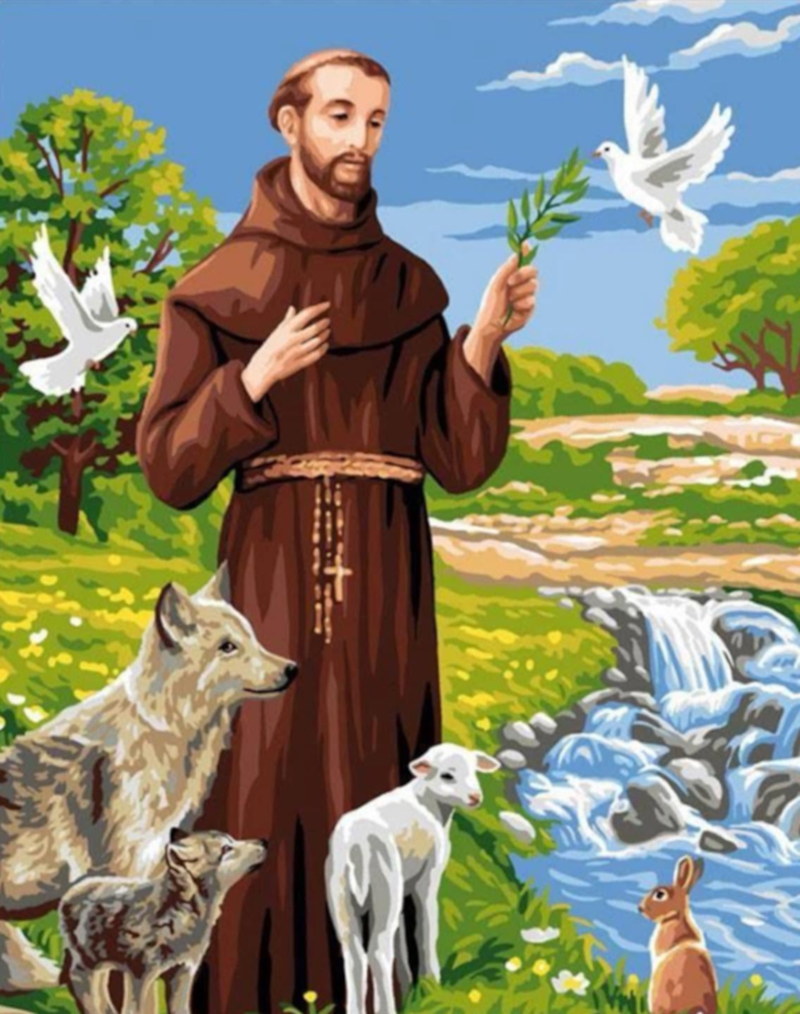 Illustration of St Francis of Assisi holding an olive branch, surrounded by doves, a wolf, a lamb and other animals